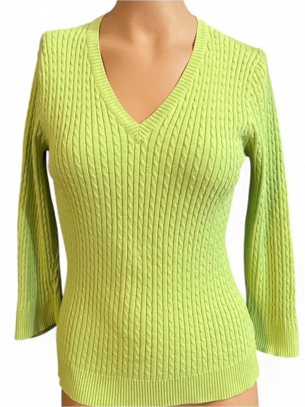 JEANNE PIERRE Lime Green V-Neck Cable Knit Pullover